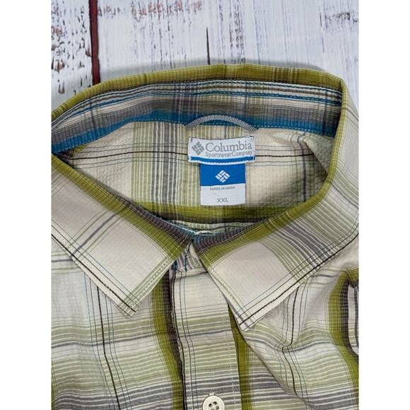 Columbia Mens XXL Seersucker Shirt Short Sleeves Button Front Cream Blue Plaid - Picture 3 of 6